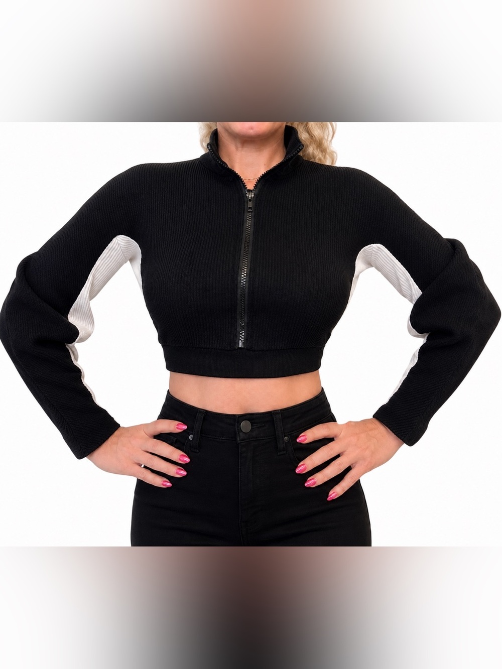 Black & White Ribbed Zip-Front Cropped Hoodie